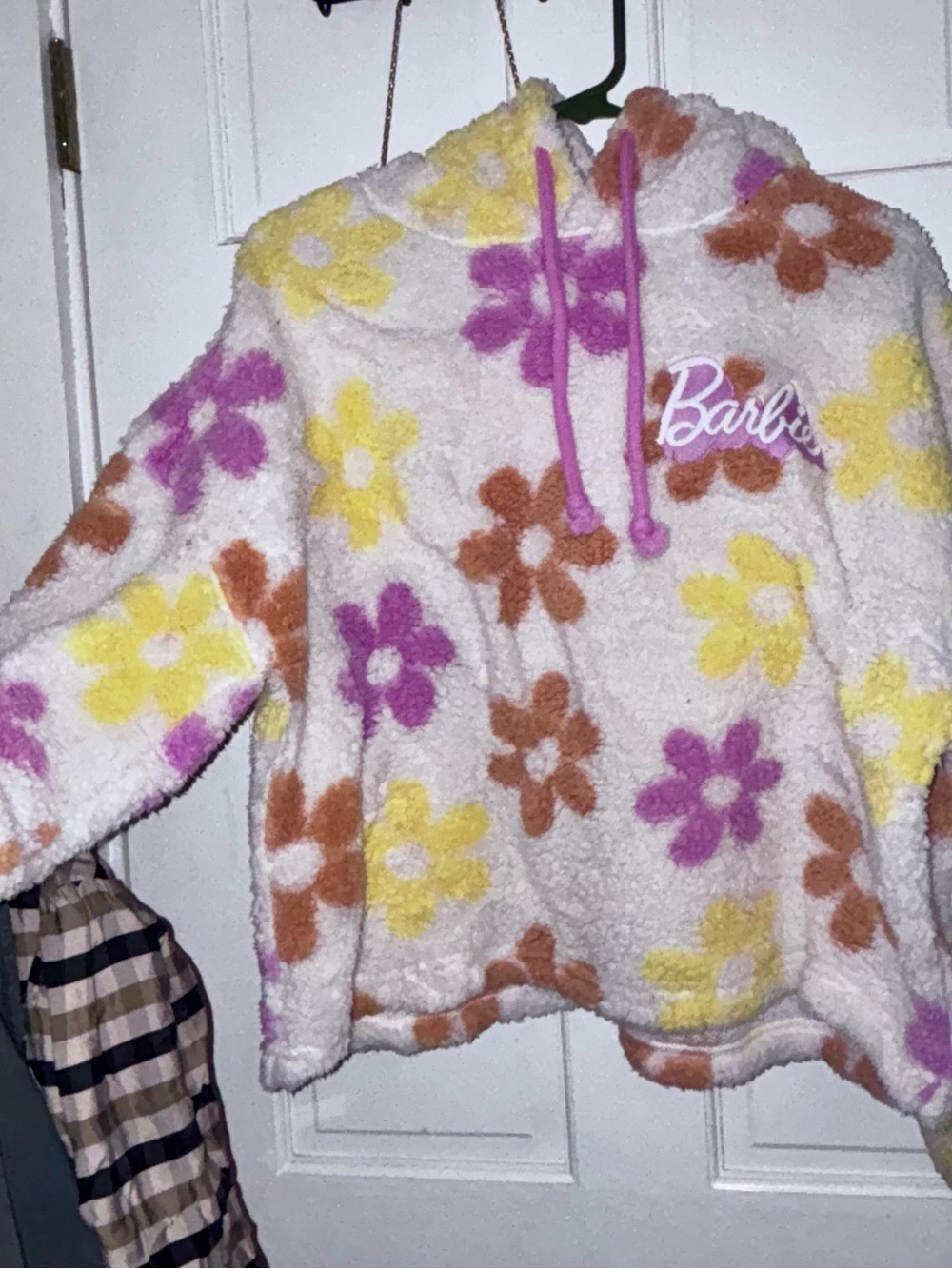 Barbie Cream Sherpa Hoodie with Pink, Yellow & Brown Floral Print